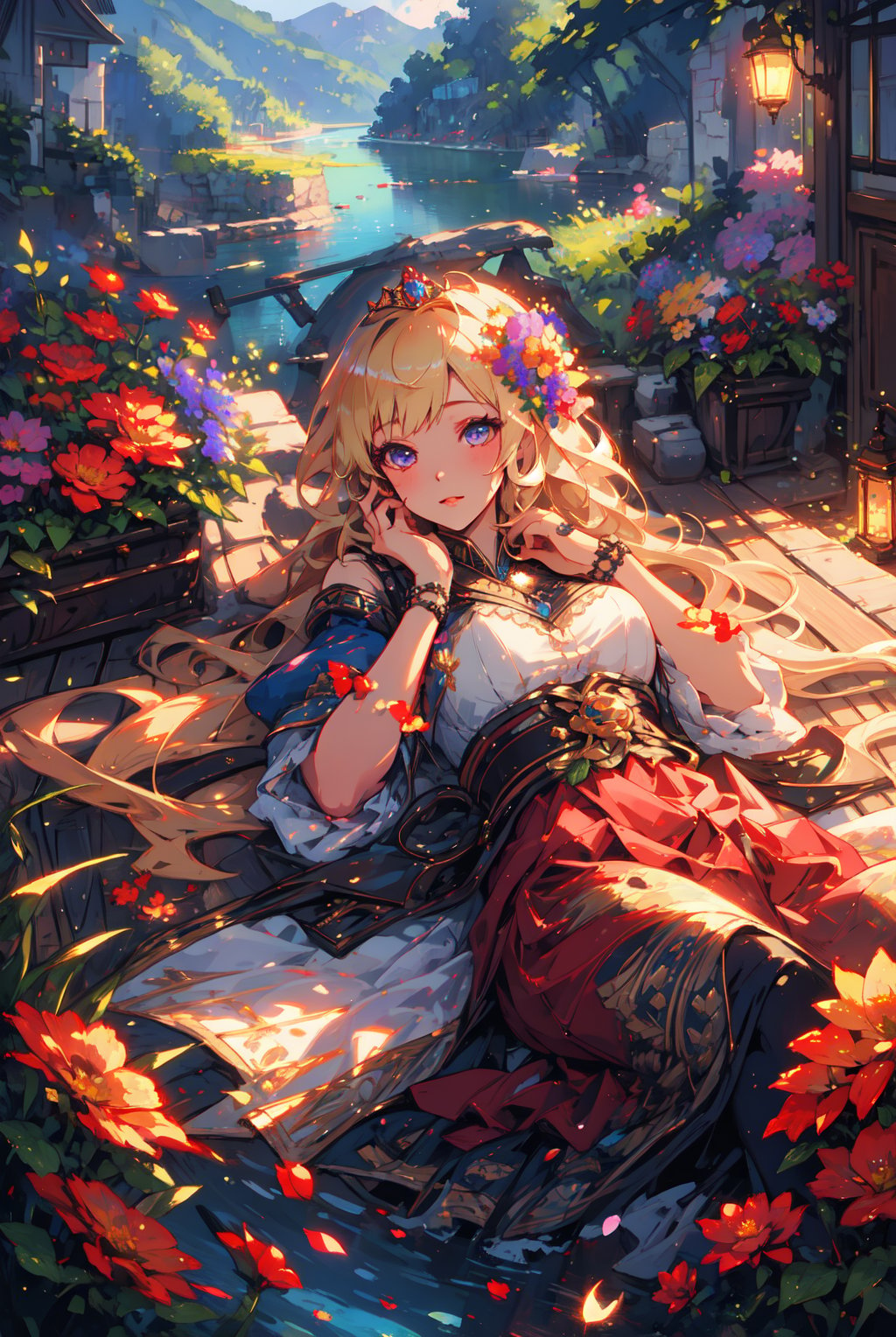 (masterpiece), best quality, high resolution, extremely detailed, detailed background, dynamic lighting, realistic, photorealistic, princess,1 girl,
blonde long hair, lying in a sea of flowers, one hand touching face, realistic