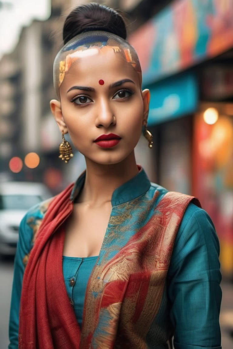 A beautiful Indian woman with a shaved head and a bold red lip. She has a fierce expression and wears a modern, urban outfit with a mix of traditional Indian fabrics and contemporary trends. The background is a bustling city street with vibrant street art."