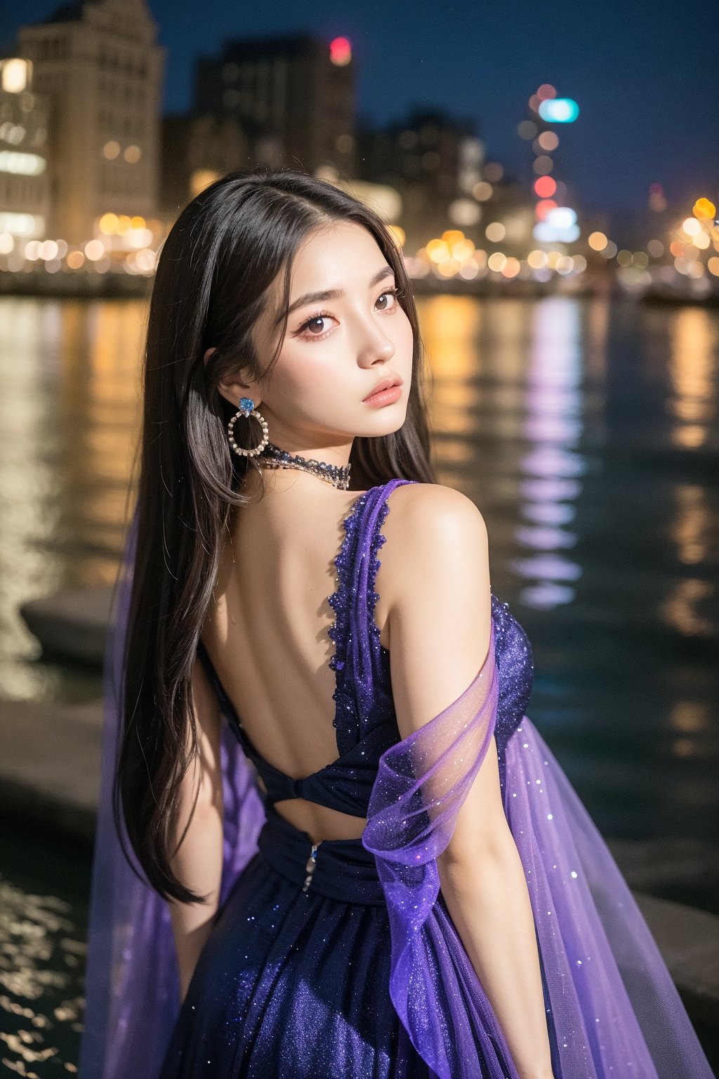 A stunning masterpiece unfolds under the veil of night. The city's neon lights reflected on the river's surface create a canvas of blue and purple hues. A beautiful girl with raven-black locks styled back, her porcelain skin aglow in the soft glow. A delicate necklace adorns her slender neck, while earrings glint like stars. She wears a mesmerizing dark-purple one-shoulder dress that seems to shimmer in harmony with the city's pulse. Framed by the riverbank, she poses with an air of confidence and mystery, as if beckoning us into her world.