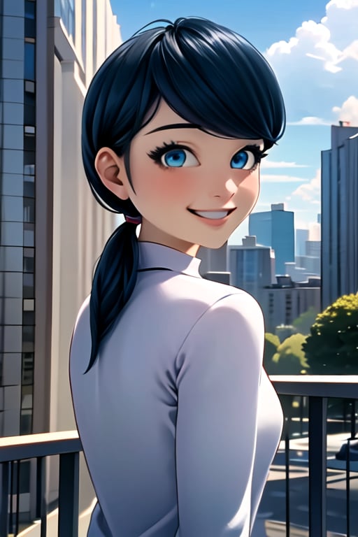 EIMarinette,1girl,bangs,black hair,blue eyes,blue sky,building,city,cityscape,cloud,cloudy sky,day,fence,jacket,looking at viewer,low ponytail,outdoors,railing,real world location,short hair,sky,skyscraper,smile,solo,street,upper body