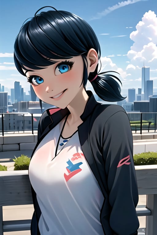 EIMarinette,1girl,bangs,black hair,blue eyes,blue sky,building,city,cityscape,cloud,cloudy sky,day,fence,jacket,looking at viewer,low ponytail,outdoors,railing,real world location,short hair,sky,skyscraper,smile,solo,street,upper body