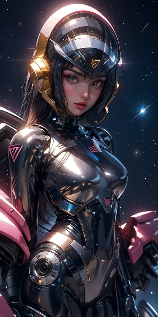 A retro-futuristic vision: a sweet, ultrarealistic girl wears a thunder yellow Space Helm from the 1960s, its sleek design and metallic finish reflecting her radiant complexion. She dons a tight, glossy suit with holographic texture, reminiscent of Daft Punk's signature aesthetic. The space-age backdrop is a nod to the futuristic style of G-Force (1980s). Her pose exudes confidence, as if ready to embark on an intergalactic adventure.