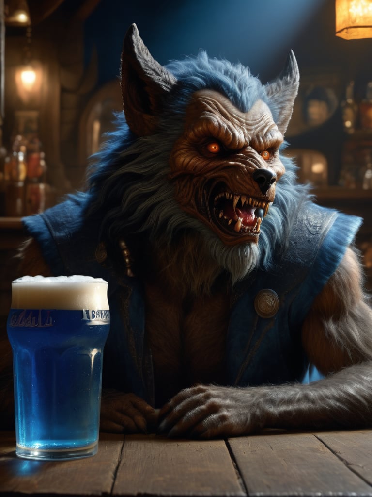 wide shot, best quality, masterpiece, photorealistic, natural skin texture, realistic eye and face details, beautiful shadow, hyperrealism, A lunar pub, where werewolf patrons howl at the moon while sipping on frothy glasses of blue beer and feasting on juicy, highly detailed, hyper realistic fantasy monster, cyborg style,Leonardo Style,HellAI