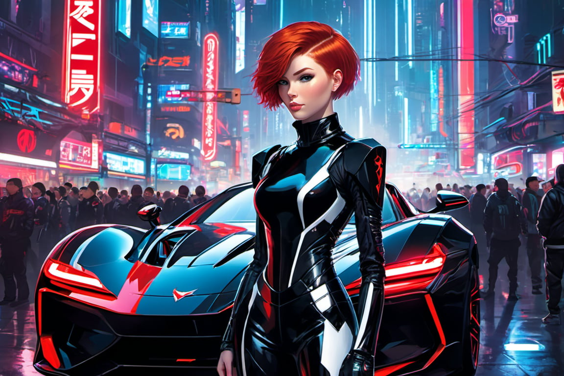 A young woman with short red hair, 21yo, standing next to a vibrant black sports car. She is wearing a futuristic, dark outfit with white accents and a red emblem on her left arm. The backdrop is a bustling urban setting with neon signs, various vehicles, and a dense crowd of people. The atmosphere seems to be that of a cyberpunk city, with a mix of traditional and futuristic elements.