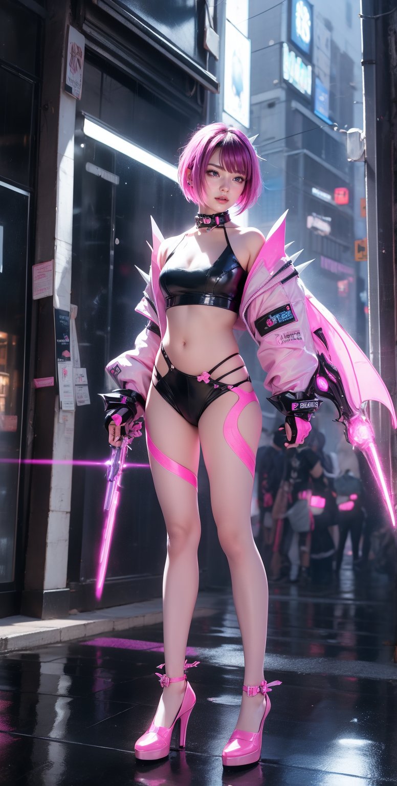 A fierce anime girl with short, spiky purple hair and neon pink highlights, wearing a sleek crop top, futuristic outfit with glowing blue accents. She has cybernetic implants and wields dual energy blades. The cityscape behind her is a bustling, neon-lit metropolis with towering skyscrapers and flying vehicles. Rain falls softly, creating reflective puddles on the ground. Highly detailed, vibrant colors, futuristic elements, dynamic pose, cyberpunk aesthetic.
