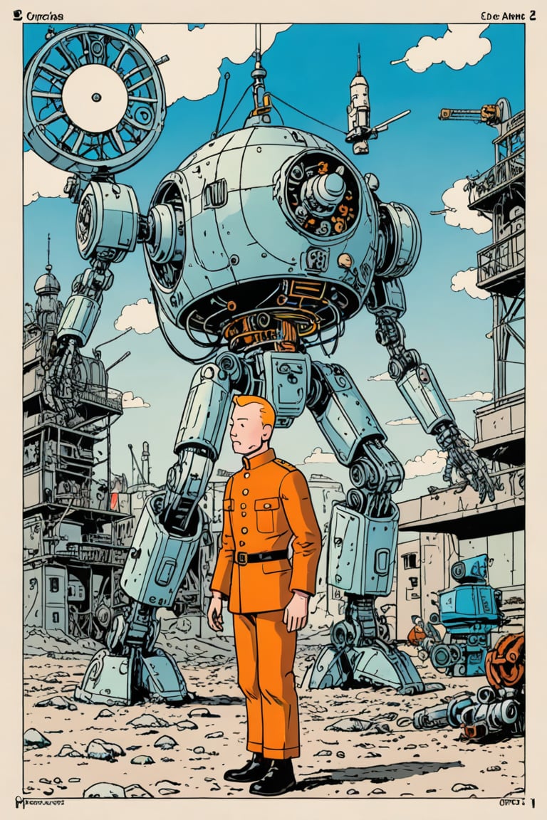 ligne claire, clear line, tintin comic, hergé style, black outline, belgian comic, cyborg, part human, part machine being, showcasing a fusion of organic and mechanical elements