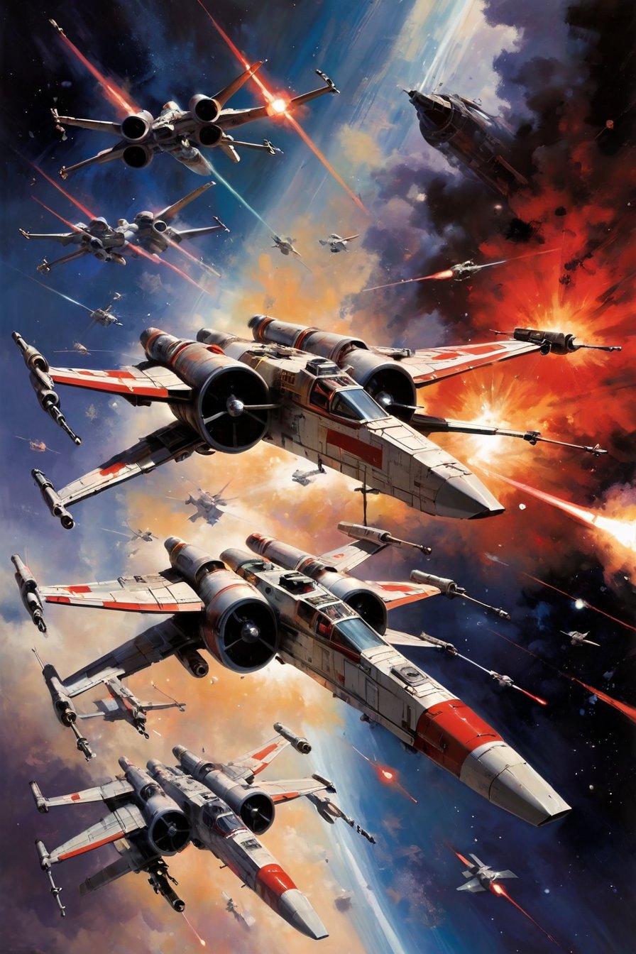 art by john berkey, a masterpiece, stunning detail, a rebellion X-Wing flying through the galaxy, firing red laser missiles, being chased by the empires tie-fighters, 