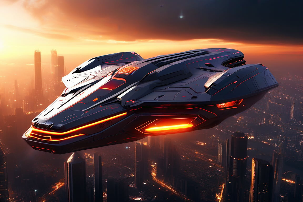 High detailed, realistic photo of starship, flying over a futuristic city, front view, sunset, 8k, stunning image, realistic textures, cinematic scene, ((masterpiece: 2)), light particles, 
ek_ph0t0_b00ster,ek_real_b00ster,ek_art_b00ster,ek_raz0r_cre5t,ek_rcr3ar