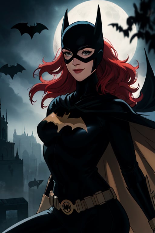 Batgirl, perfect symmetrical eyes, perfect face, smilng at camera. (HDR), HQ , illustration, very detailed, beautiful and aesthetic, (ultra quality image), Highly detailed, (ultra detailed image), ultra high res, high contrast, ambient lighting, Exquisite details and textures, cinematic shot, ultra-detailed, ultra highres, uhd, sharp focus, 1 woman, females, 17 year old,a solo, Batgirl, (batgirl full costume, arkham knight), centered, a beautiful Batgirl, ((black mask)), black top and panties, batman aesthetics, beautiful curves, high emphasis on detail, glowing, dramatic lighting,  smile, batgirl suit, red hair, ((very long cape)), black bodysuit, covered legs, different poses, volumetric lighting, intricate details, tonemapping, sharp focus, hyper detailed, (cinematic look), (saturated color), soft cinematic light, (detailed cloudscape), fantasy, batcave, bats, cave scenery, night scenery, dim light, atmospheric, night