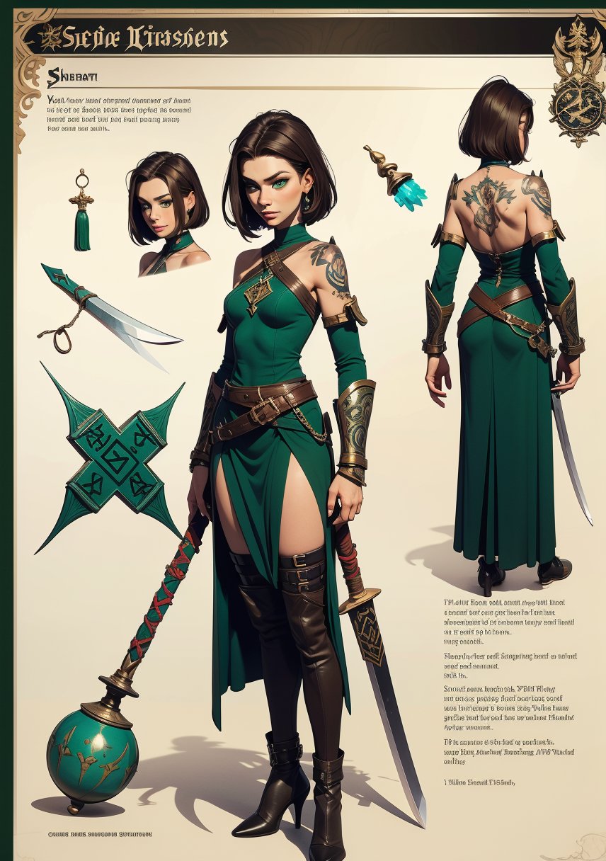 The concept character sheet of a strong, attractive, and resolute Witch Hunter, Her studded leather armor is worn but well-maintained, decorated with sacred symbols of the god Sigmar, talismans and faith relics. She holds a long, rune-engraved sword in one hand and a three-chained flail in the other. Hanging from her belt are scrolls and vials containing mysterious substances,, full body,  Full of details, frontal body view, back body view, Highly detailed, Depth, Many parts,((Masterpiece, Highest quality)), 8k, Detailed face (sleek shoulder cut hair) (dark hair) (green eyes), Infographic drawing. Multiple sexy poses. tattoos,3d,SAM YANG,incase