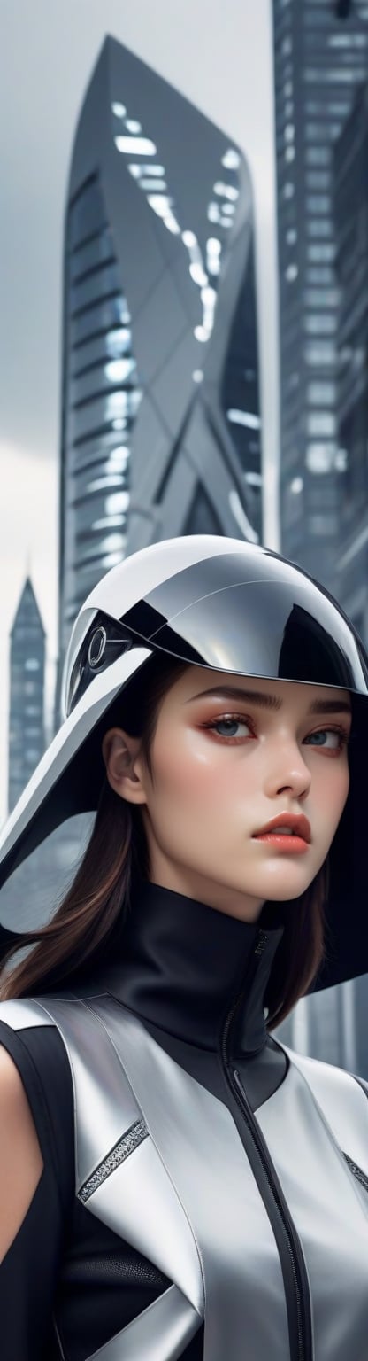 A captivating image of futuristic fashion, featuring models in sleek, walking, serious mood, high-tech outfits made from innovative materials, hats covering their faces. The designs should be bold and avant-garde, geometric patterns. The backdrop is a futuristic cityscape with dvanced technology, creating a vision of fashion in the future