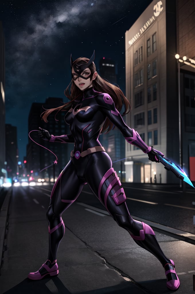 ((masterpiece,best quality)), absurdres, Huntress_JLU, upper body, detailed mask, smug, night sky and city lights in background, cinematic composition, action pose, Huntress_JLU, 2d, Full Body,  dc animation style