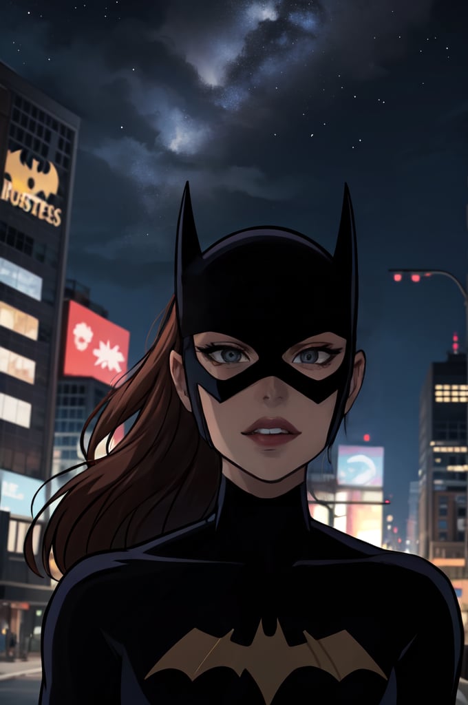 ((masterpiece,best quality)), absurdres, Batgirl_JLU, upper body, detailed mask, smug, night sky and city lights in background, cinematic composition, batgirl, Huntress_JLU, 2d, dc animation style