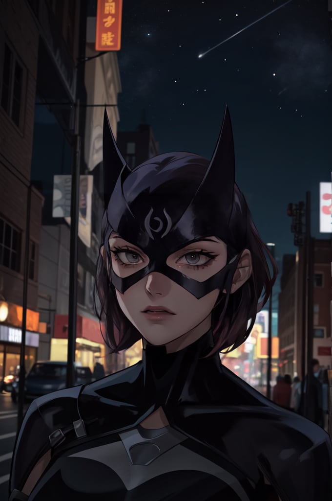 ((masterpiece,best quality)), absurdres, Huntress_JLU, upper body, detailed mask, smug, night sky and city lights in background, cinematic composition, action pose, Huntress_JLU, 2d, dc animation style