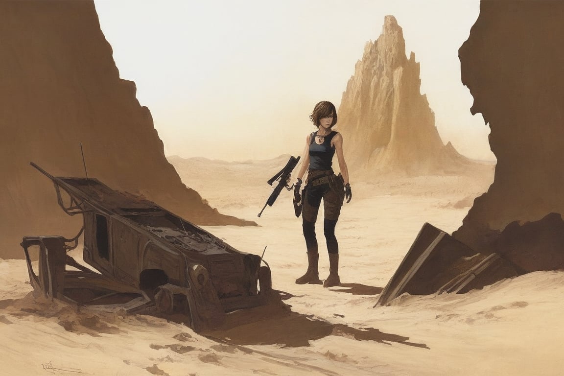 Solo, 1 girl, standing, outdoors, from behind, scenery, machine gun, ruins, skull cave, whirlwind, whirlwind, dust, flying vines, dried up waterway, sand dunes