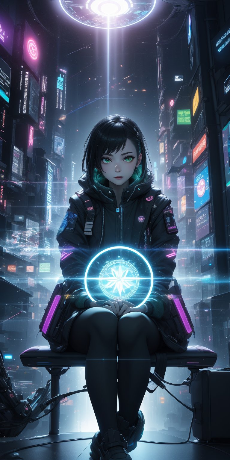 (masterpiece), 1girl, holographic interface, cyberpunk, hacker, medium black hair, green eyes, magic circle, hologram, terminal, holographic computer, light particles, light rays, futuristic setting, Sitting on the edge of a building, 
Her expression a mix of defiance and exhilaration. ,HologramCzar