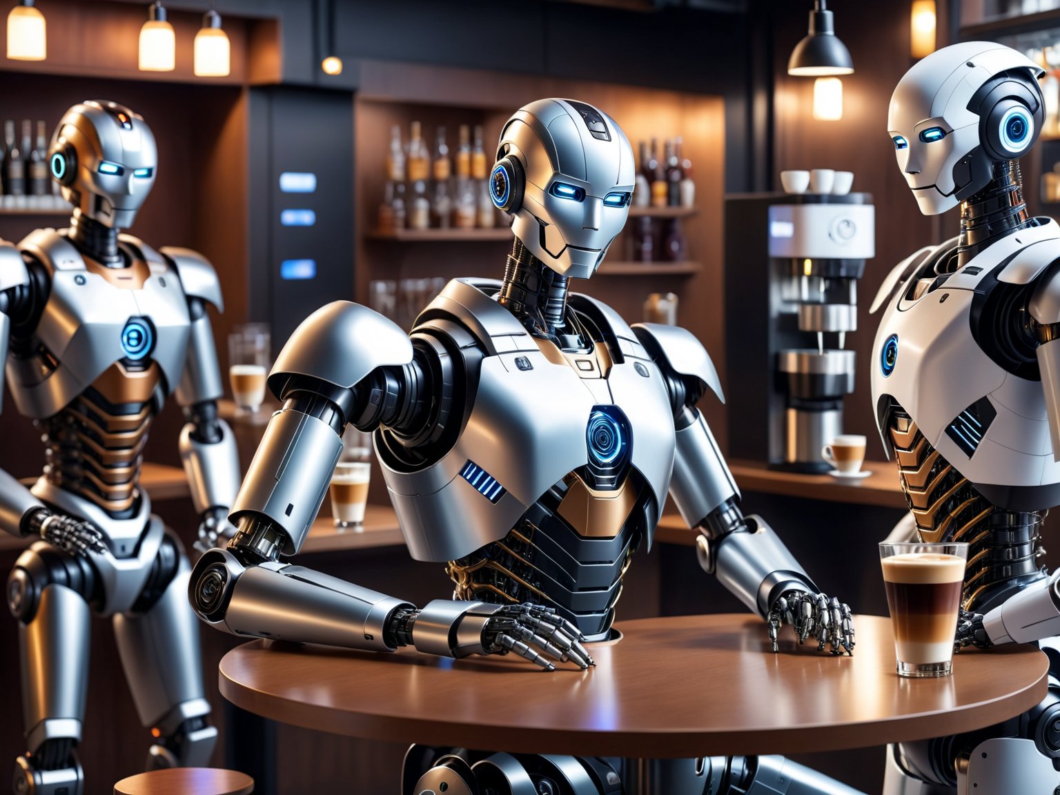 there is a robot that is sitting on a table next to a coffee machine, robot barkeep, robots drinking alcohol, the most advanced humanoid robot, robot with human face, friendly humanoid cyber robot, robot lurks in the background, biometric humanoid robot, friendly humanoid robot, humanoide robot, view is centered on the robot
