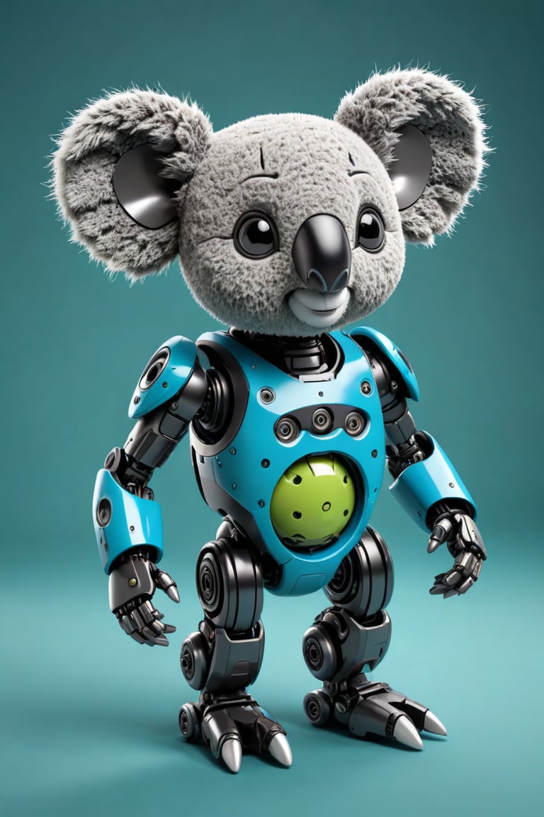 illustration, ultra-detailed, (cute koala robot), a koala robot in bright, black and blue, in full size. Every detail of the robot's design, from its rounded edges to its expressive eyes, is meticulously rendered with ultra-realistic precision. looking side ways, green background