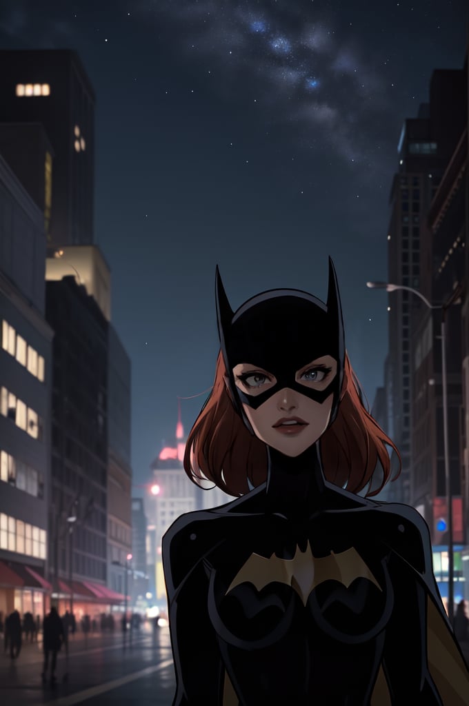 ((masterpiece,best quality)), absurdres, Batgirl_JLU, upper body, detailed mask, smug, night sky and city lights in background, cinematic composition, batgirl, Huntress_JLU, 2d, dc animation style