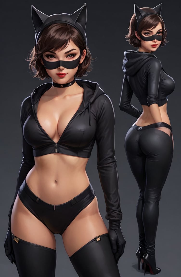 More Detail, Detailedeyes, Detailedface, (1 girl, young female, dark hair, short hair, brown eyes, curvy, 
 small breasts, nice ass, thick thighs, wide hips, abs), (Catwoman suit, mask, hoodie, hairband), 
BREAK (Infographic drawing, The concept character sheet, Multiple sexy poses), 