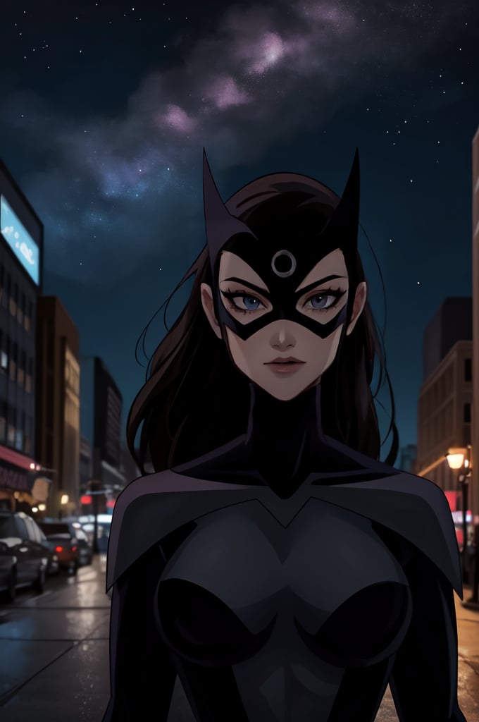 ((masterpiece,best quality)), absurdres, Huntress_JLU, upper body, detailed mask, smug, night sky and city lights in background, cinematic composition, Huntress_JLU, 2d, dc animation style