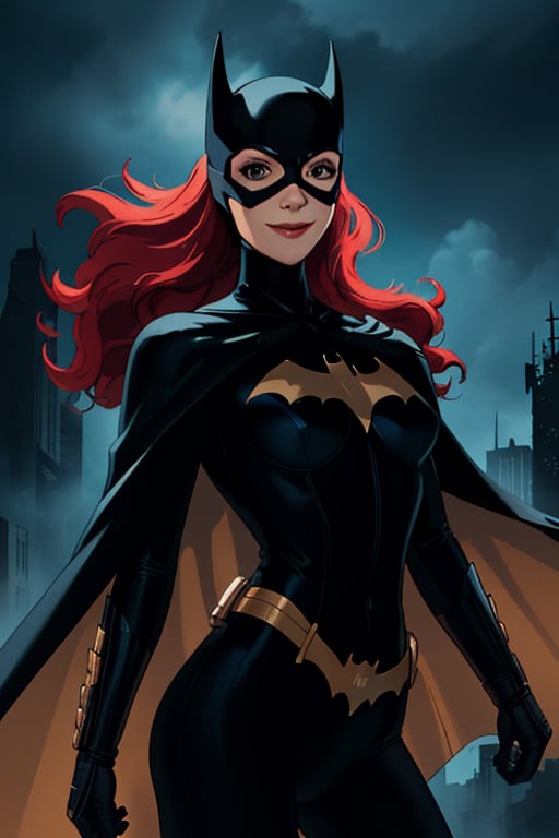 Batgirl, perfect symmetrical eyes, perfect face, smilng at camera. (HDR), HQ , illustration, very detailed, beautiful and aesthetic, (ultra quality image), Highly detailed, (ultra detailed image), ultra high res, high contrast, ambient lighting, Exquisite details and textures, cinematic shot, ultra-detailed, ultra highres, uhd, sharp focus, 1 woman, females, 17 year old,a solo, Batgirl, (batgirl full costume, arkham knight), centered, a beautiful Batgirl, ((black mask)), black top and panties, batman aesthetics, beautiful curves, high emphasis on detail, glowing, dramatic lighting,  smile, batgirl suit, red hair, ((very long cape)), black bodysuit, covered legs, different poses, volumetric lighting, intricate details, tonemapping, sharp focus, hyper detailed, (cinematic look), (saturated color), soft cinematic light, (detailed cloudscape), fantasy, batcave, bats, cave scenery, night scenery, dim light, atmospheric, night