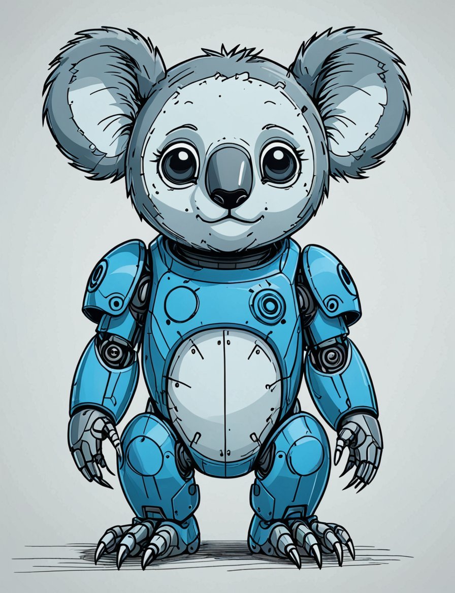 (cute koala robot), a koala robot, black and blue, in full size. illustration, rough_sketch, looking sideways