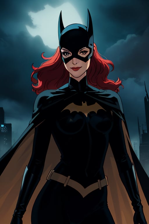 Batgirl, perfect symmetrical eyes, perfect face, smilng at camera. (HDR), HQ , illustration, very detailed, beautiful and aesthetic, (ultra quality image), Highly detailed, (ultra detailed image), ultra high res, high contrast, ambient lighting, Exquisite details and textures, cinematic shot, ultra-detailed, ultra highres, uhd, sharp focus, 1 woman, females, 17 year old,a solo, Batgirl, (batgirl full costume, arkham knight), centered, a beautiful Batgirl, ((black mask)), black top and panties, batman aesthetics, beautiful curves, high emphasis on detail, glowing, dramatic lighting,  smile, batgirl suit, red hair, ((very long cape)), black bodysuit, covered legs, different poses, volumetric lighting, intricate details, tonemapping, sharp focus, hyper detailed, (cinematic look), (saturated color), soft cinematic light, (detailed cloudscape), fantasy, batcave, bats, cave scenery, night scenery, dim light, atmospheric, night