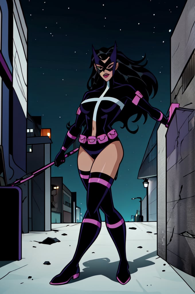 ((masterpiece,best quality)), Huntress_JLU, full body, detailed mask, smug, night sky and city lights in background, cinematic composition, action pose, Huntress_JLU, 2d, Full Body,  dc animation style,Eyes