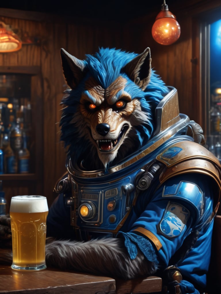 wide shot, best quality, masterpiece, photorealistic, natural skin texture, realistic eye and face details, beautiful shadow, hyperrealism, A lunar pub, where werewolf wearing astrounaut suit howl at the moon while sipping on frothy glasses of blue beer and feasting on juicy, highly detailed, cyber, hyper realistic monster, cyborg style,Leonardo Style,HellAI, side view