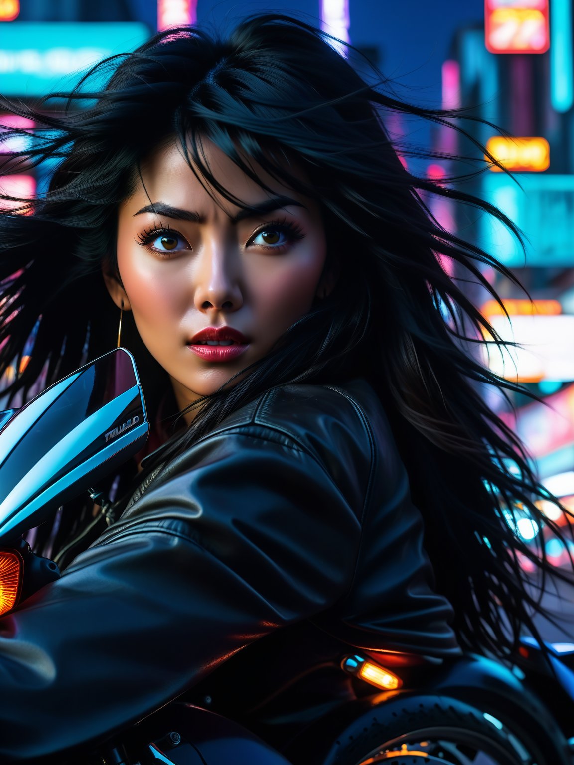 A gritty close-up shot frames determined woman's face, her jaw clenched as she grips Akira's iconic motorcycle, black hair flowing smoothly in wind. Desperate man's grasp wraps around legs, anguished cry echoing through dark cityscape. Neon lights and billboards blur in background like 90's anime dreamscape. Camera zooms out to reveal speeding motorcycle, headlights piercing darkness as woman speeds away from chaos. Dynamic composition mirrors city's jagged lines, kaleidoscope of colors and textures.,Pneumablade