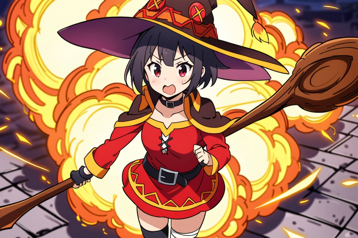 score_9, score_8_up, score_7_up, masterpiece, best quality, high quality, detailed, extremely detailed,
official_art,
1girl, megumin (konosuba), nimugempnxl, short hair, black hair, red eyes, short hair with long locks, beautiful face, kawaii, thighhighs, gloves, hat, dress, black gloves, belt, black thighhighs, fingerless gloves, cape, collar, witch hat, bandages, red dress, single thighhigh, asymmetrical legwear, bandaged leg,
solo, cowboy shot, fantasy field, 

, ((holding big wood staff)), magic effect, many, magic circle, Thunder, night, from above, 
Nuclear explosion at the background
5_figner, beautiful_female_fingers,