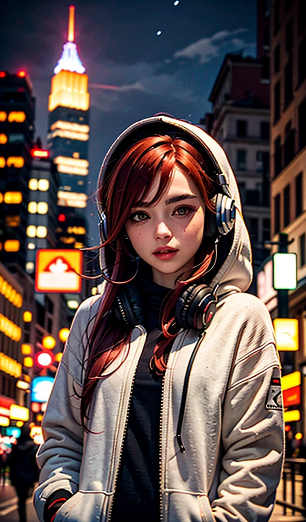 A beautiful italian girl, with red hair,headphones catstyle, a beautiful face. sweather with hood, against the background of Detroid City, night shot, cowboy_shot