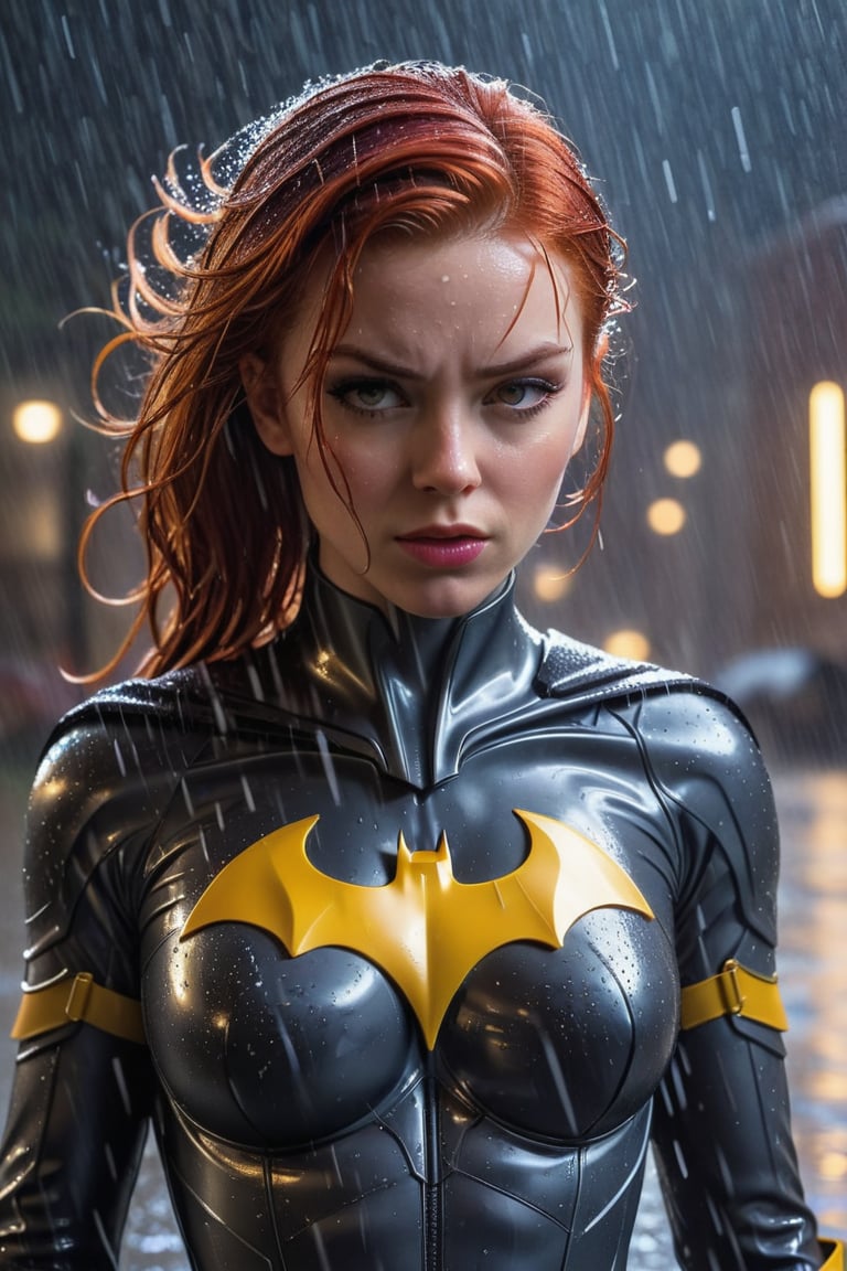 (masterpirce), attractive red head face during heavy rain, a woman in a suit posing for a picture, ( ( bat girl ) ), bat girl without mask, fierce look, angry face, frowning, yellow leotard suit, shoulder pads, red hair, bat girl drenched in the rain, hair drenched in rain, heavy rain, wet clothes, soaked hair, soaked hair, dripping hair, raindrops, clinging clothes, water dripping, black chrome chest plate, abdomen armor, covered abdomen, metal shoulder pads, highly detailed exquisite fanart, alena aenami and artgerm, by Jason Chan, futuristic style batgirl, beautiful digital artwork, batgirl!!!!!, bat girl, no mask, without a mask, Extremely Realistic