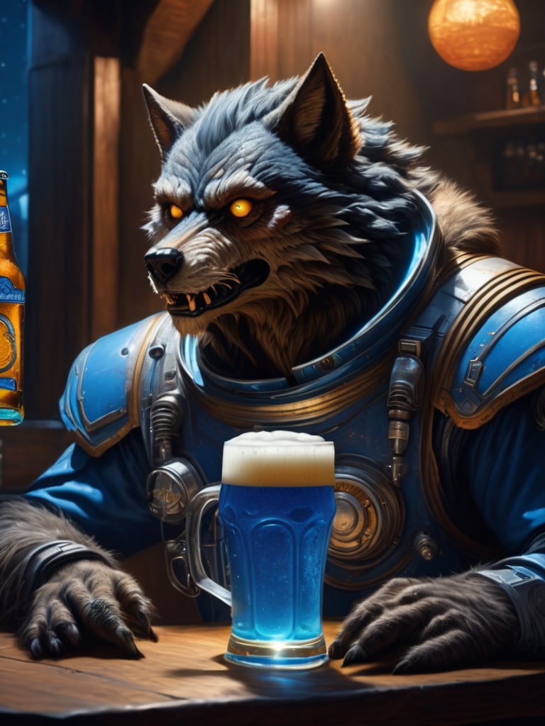 wide shot, best quality, masterpiece, photorealistic, natural skin texture, realistic eye and face details, beautiful shadow, hyperrealism, A lunar pub, where werewolf wearing astrounaut suit howl at the moon while sipping on frothy glasses of blue beer and feasting on juicy, highly detailed, cyber, hyper realistic monster, cyborg style,Leonardo Style,HellAI, side view