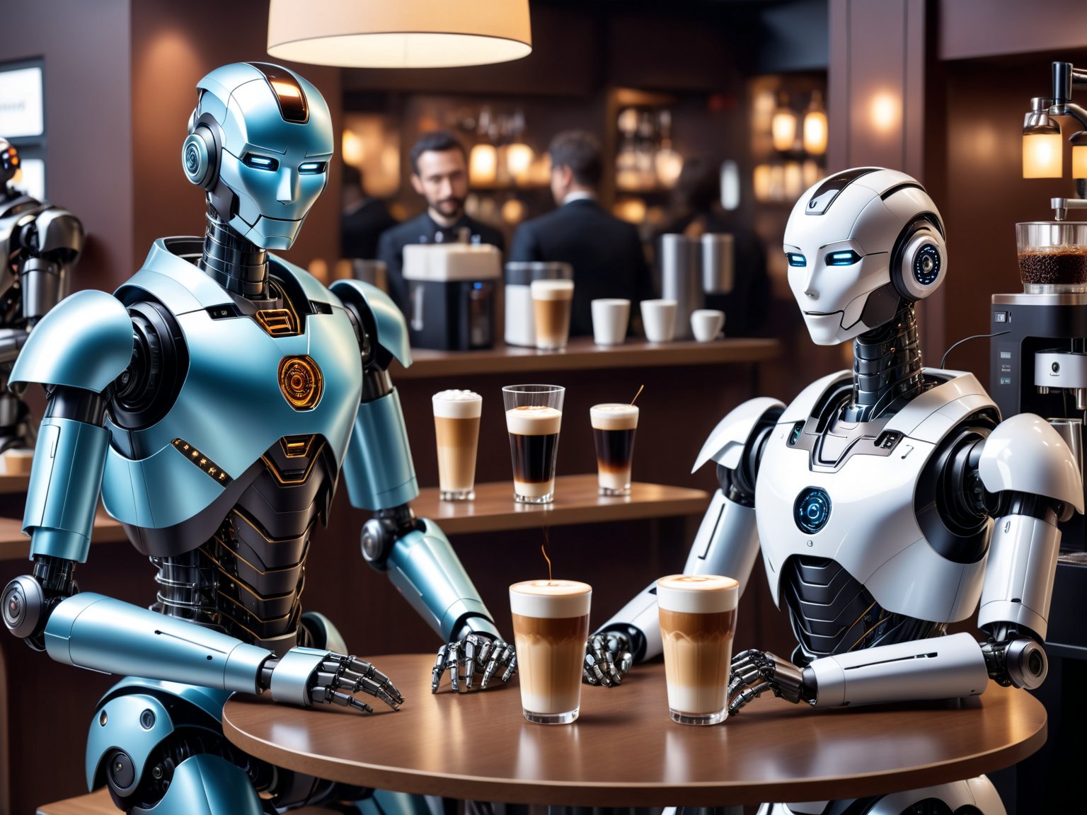 there is a robot that is sitting on a table next to a coffee machine, robot barkeep, robots drinking alcohol, the most advanced humanoid robot, robot with human face, friendly humanoid cyber robot, robot lurks in the background, biometric humanoid robot, friendly humanoid robot, humanoide robot, view is centered on the robot
