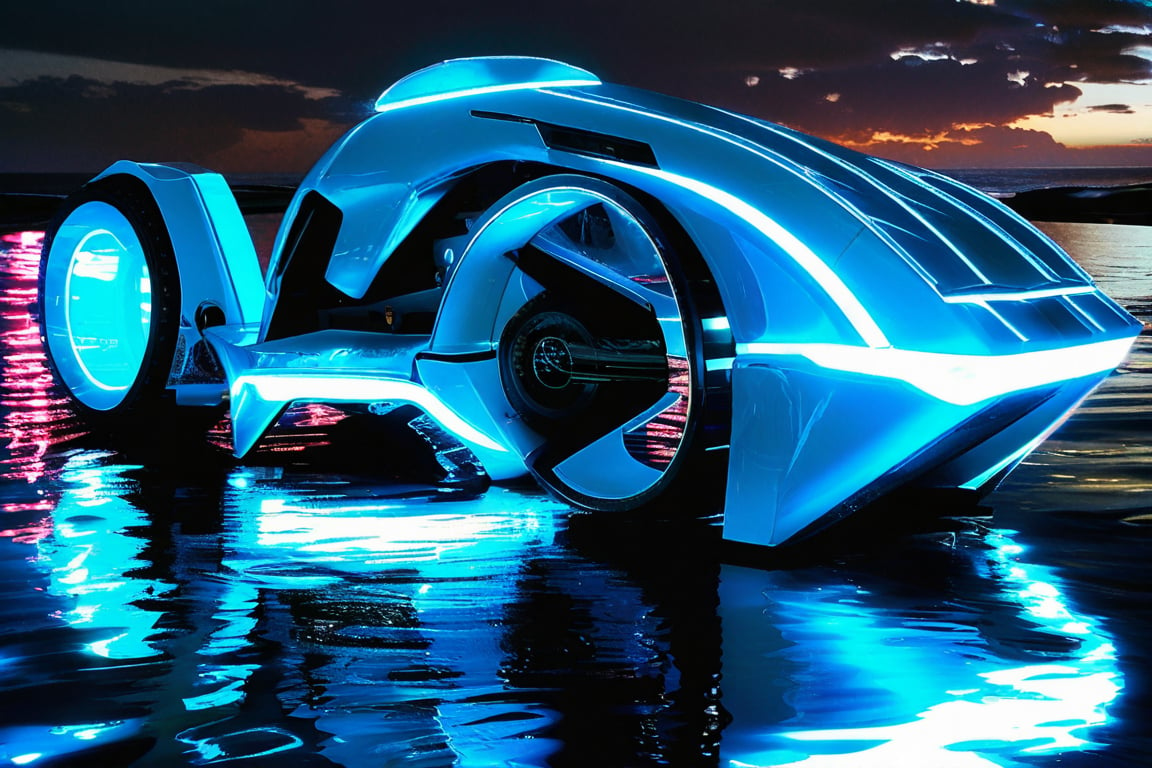 photorealistic image, masterpiece, high quality 8K, of a futuristic ((sci-fi large super motocycle), (((submerged in the sea))), Tron legacy, white and blue neon lights, good lighting, at night, sharp focus