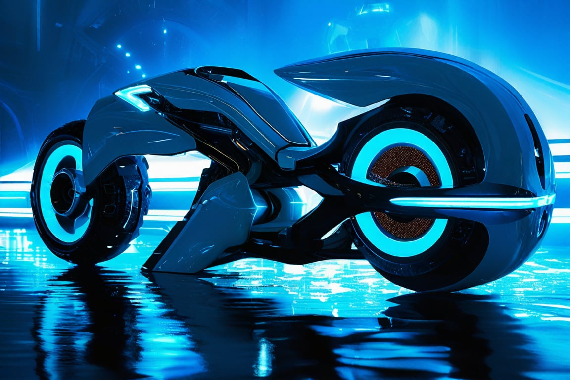 photorealistic image, masterpiece, high quality 8K, of a futuristic ((sci-fi large super motocycle), (((submerged in the sea))), Tron legacy, white and blue neon lights, good lighting, at night, sharp focus