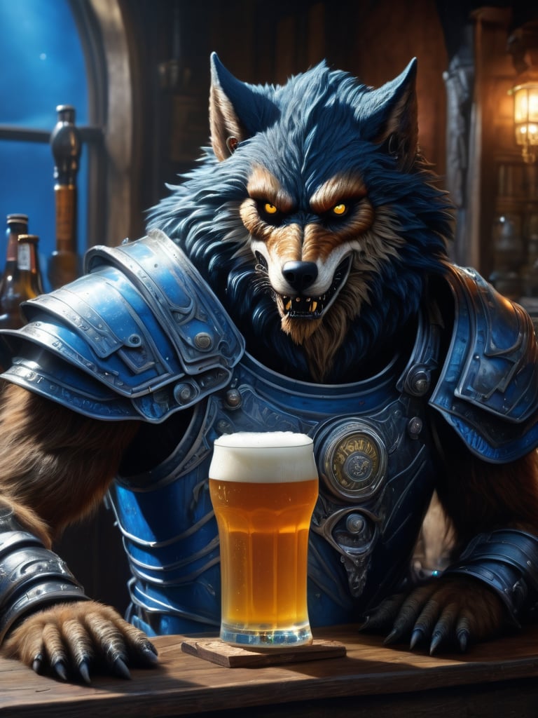 wide shot, best quality, masterpiece, photorealistic, natural skin texture, realistic eye and face details, beautiful shadow, hyperrealism, A lunar pub, where werewolf wearing cyberarmours howl at the moon while sipping on frothy glasses of blue beer and feasting on juicy, highly detailed, hyper realistic fantasy monster, cyborg style,Leonardo Style,HellAI