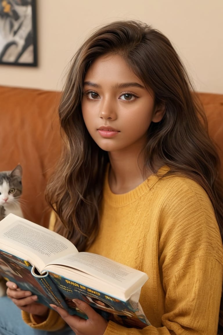 ((masterpiece)), ((best quality)), (((photo Realistic))), (8k, RAW photo, best quality, masterpiece:1.2), (realistic, photo-realistic:1.3). best quality, masterpiece, photography of a 1girl, dark brown skin, brown eyes, messy long brown hair and cat, beautiful detailed face, shes reading while cat plays, living room, soft light, hyperrealistic, intricate, highly detailed