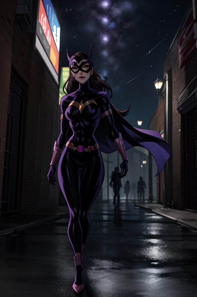 ((masterpiece,best quality)), absurdres, Huntress_JLU, upper body, detailed mask, smug, night sky and city lights in background, cinematic composition, action pose, Huntress_JLU, 2d, Full Body,  dc animation style