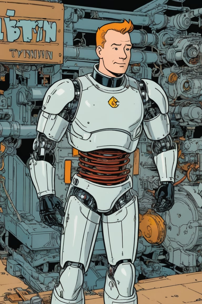 ligne claire, clear line, tintin comic, hergé style, black outline, belgian comic, cyborg, part human, part machine being, showcasing a fusion of organic and mechanical elements