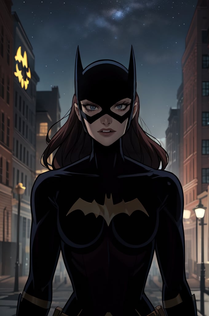 ((masterpiece,best quality)), absurdres, Batgirl_JLU, upper body, detailed mask, smug, night sky and city lights in background, cinematic composition, batgirl, Huntress_JLU, 2d, dc animation style