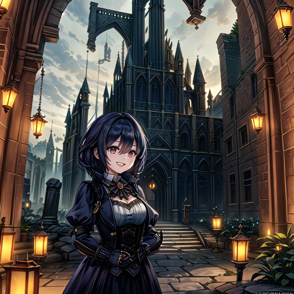 Gothic hutaornd, masterpiece, best quality,   picturesque Gothic Ruins. With a mischievous expression on his face,  The gothic female and Her  mischievous smile and mischievous look reflect his playful and energetic personality. The atmosphere of the GothicRuins is reflected in the details of the 
 ruins and hanging lanterns that decorate the cityscape.
,incredibly absurdres