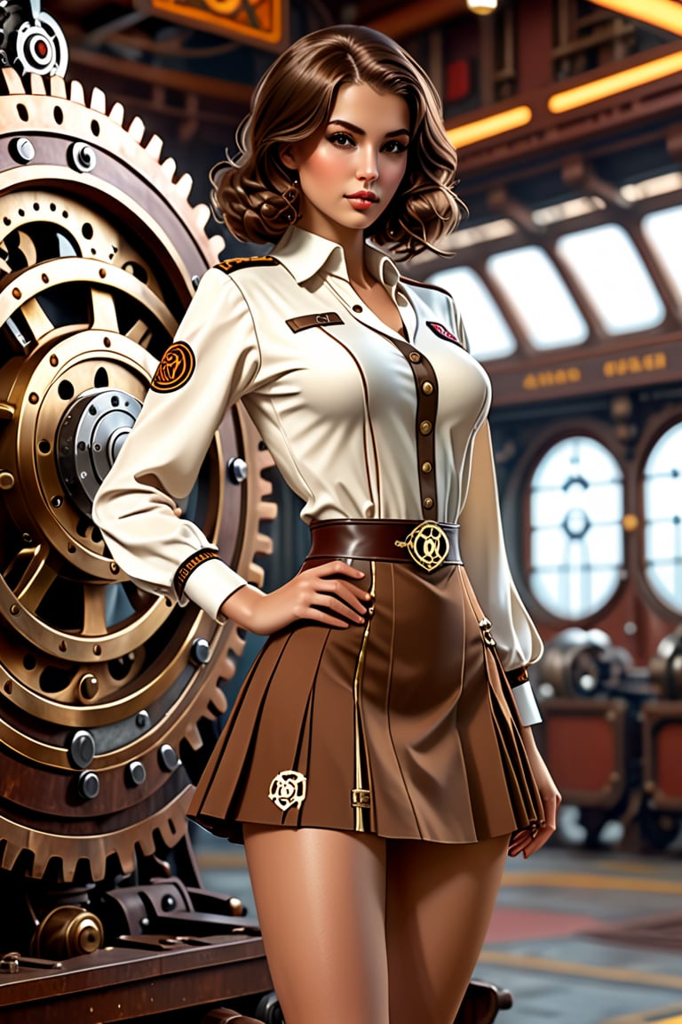 Sexy short skirt panty showing outfit full body, Portrait of a girl in mini skirt,
 open 38 dd tunic, loose brown hair, dieselpunk, aristocrat, model face, max detailing, realism, cogs in the background, monograms on background, Ian McQue style,   strongs colors, (artstation), 8k, intricate details, vintage, retro futuristic style, detailed illustration, side view