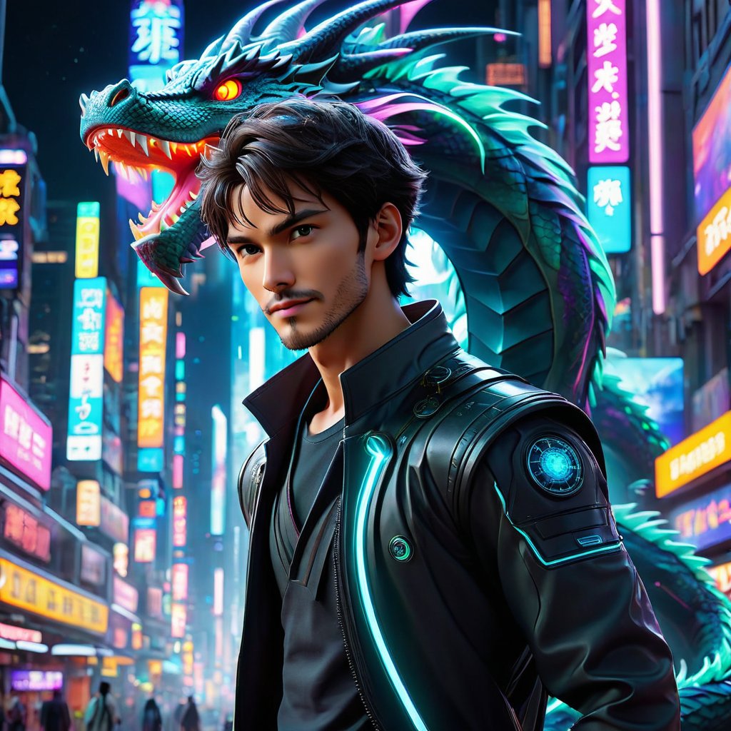   Create a time traveler in a hyperrealist focus on time travel , epic scene in a futuristic city. A powerful anime character, exuding strength and intensity, stands on a neon-lit street, illuminated by vibrant glowing pathways and holographic advertisements. Beside them, a majestic, bioluminescent dragon adds a touch of fantasy. Opposite them, a menacing villain with sharp, dark features and a sinister smile intensifies the drama. The cosmic sky, filled with swirling stars and moons, enhances the surreal atmosphere. Utilize SDXL details, sharpness, and vivid colors, ensuring dynamic lighting, intricate details, and high artistry. Adjust the neon lights for balanced glow. The overall effect should be dark, moody, and captivating, with a strong composition for clear comprehension.