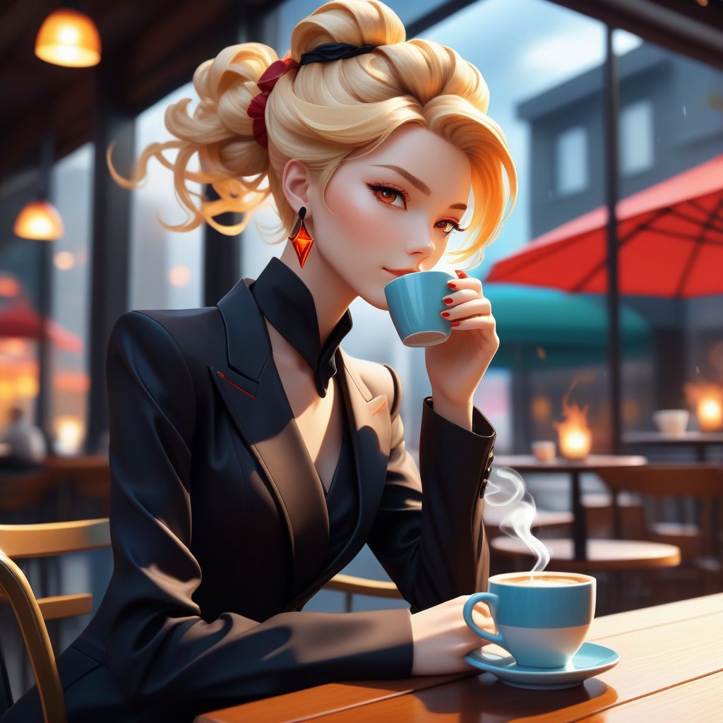 "Anime style female character at a coffee shop, sipping coffee with steam, dynamic stylized appearance. Golden blonde cascade hair in elegant updo, sleek geometric black earrings, attire in black and vibrant red with flame-like movement. Vivid saturated colors, high resolution, sharp details. Calm mood, stormy scary weather outside. No deformed anatomy, boy parts, 3rd limbs."