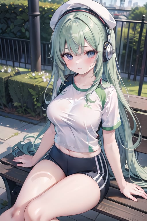 Master piece, generate image of a Sexy 
Girl with headphones, cap, dreamy expression, sitting a bench in the gardens of the Eiffel tower, training wear, t-shirt and sport shorts, (ultra detailed perfect piece:1.2), illustration, masterpiece, (extremely detailed CG 8k), (very fine 8K CG), (1girl:1.2), (green hair), long hair, wavy hair, hair over one eye, sparkling, light blue eyes, looking at side,