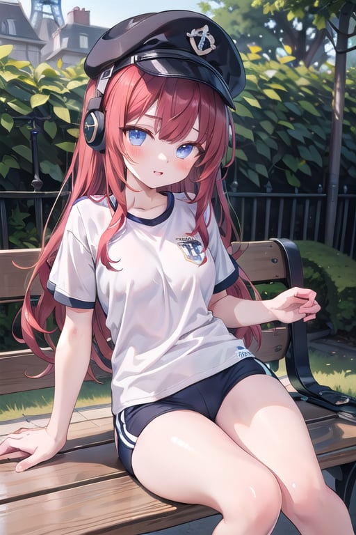 Master piece, generate image of a Sexy 
Girl with headphones, cap, dreamy expression, sitting a bench in the gardens of the Eiffel tower, training wear, t-shirt and sport shorts, (ultra detailed perfect piece:1.2), illustration, masterpiece, (extremely detailed CG 8k), (very fine 8K CG), (1girl:1.2), (Red hair), long hair, wavy hair, hair over one eye, sparkling, light blue eyes, looking at side,