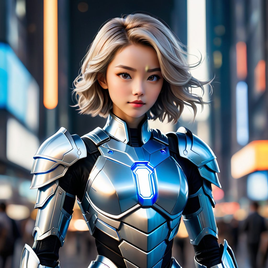  Create an epic, highly detailed, and vibrant anime-style full-body portrait of a character clad in a sophisticated and futuristic suit of armor. The armor should have a metallic sheen, predominantly silver with accents of blue light that suggest advanced technology integrated within. The design should be intricate, featuring an array of interlocking plates and segments that wrap around the figure's physique, providing both protection and flexibility. The shoulders should be adorned with pronounced, aerodynamic wing-like structures that contribute to an imposing presence. The textures of the armor should vary, with some areas displaying a smooth, almost liquid-like surface, while others have a mesh or ridged pattern, adding to the complexity of the design. Central to the chest should be a hexagonal emblem, illuminated and possibly indicative of the suit's power core. The color scheme should be a harmonious blend of cool tones, with silver, blue, and subtle hints of black, enhancing the armor's futuristic aesthetic. The character's stance should be dynamic and poised for action, emphasizing the suit's design and the wearer's readiness. The background should feature a soft glow of a cityscape at night, with vertical lines and distant lights painting a picture of a high-tech metropolis. The overall impression should be one of a warrior equipped for battle in a technologically advanced era, possibly from a science fiction narrative. Emphasize sharpness, clarity, and intricate details to capture the futuristic and high-tech setting